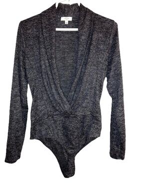 Chocolate USA Womens Long Sleeve V-Neck Bodysuit Large Charcoal Stretch Knit NWT
